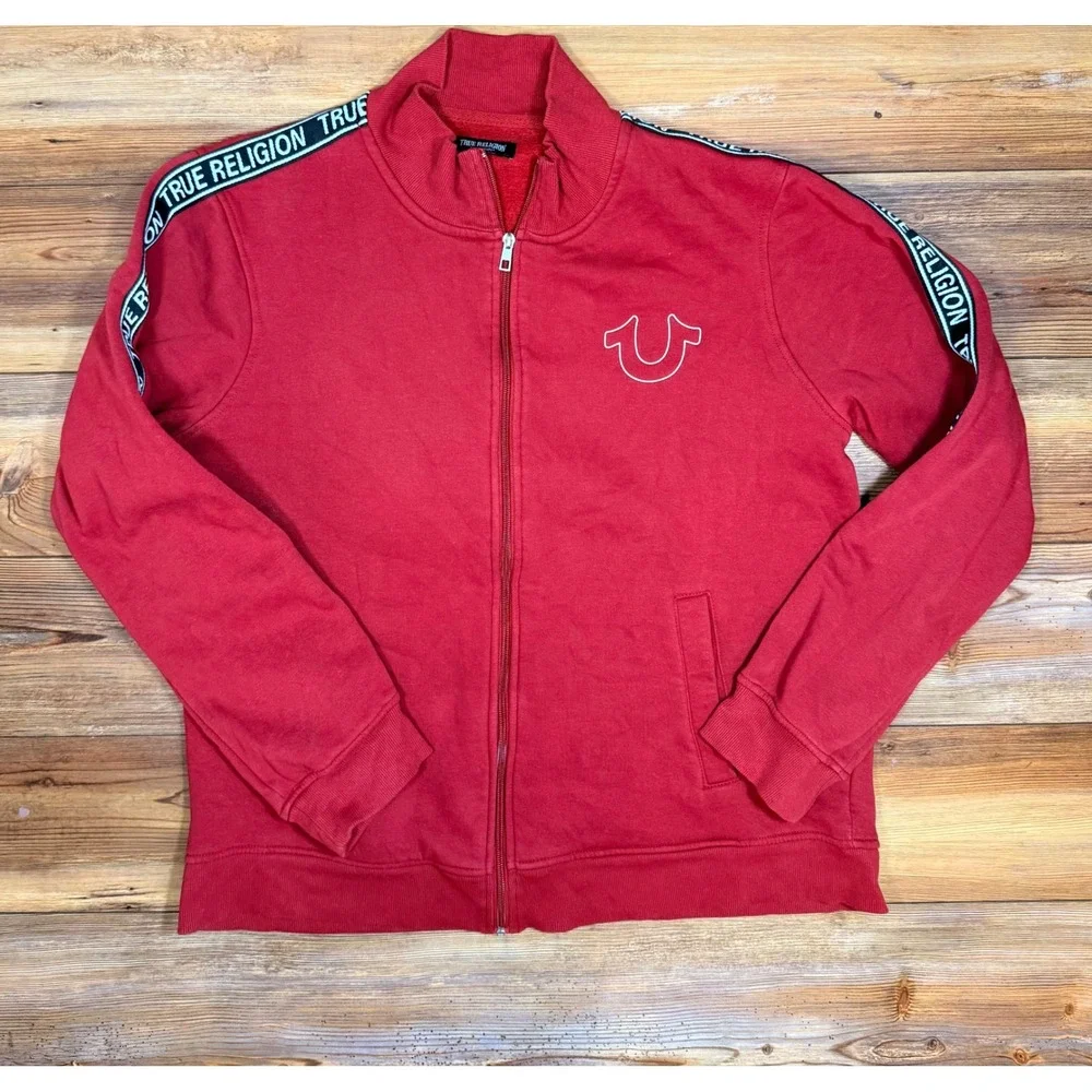True Religion Mens Red Track Jacket Logo Tape Sleeves Full Zip Sweatshirt Large